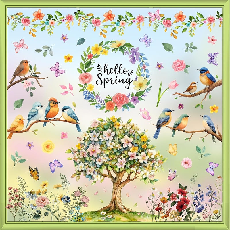 JMHACHY Spring Window Clings - 9 Sheets 121Pcs Reusable Hello Spring Decorations for Glass for Home Office, Birds Flowers Window Stickers for Glass, Double-Sided Large Decals - Image 1